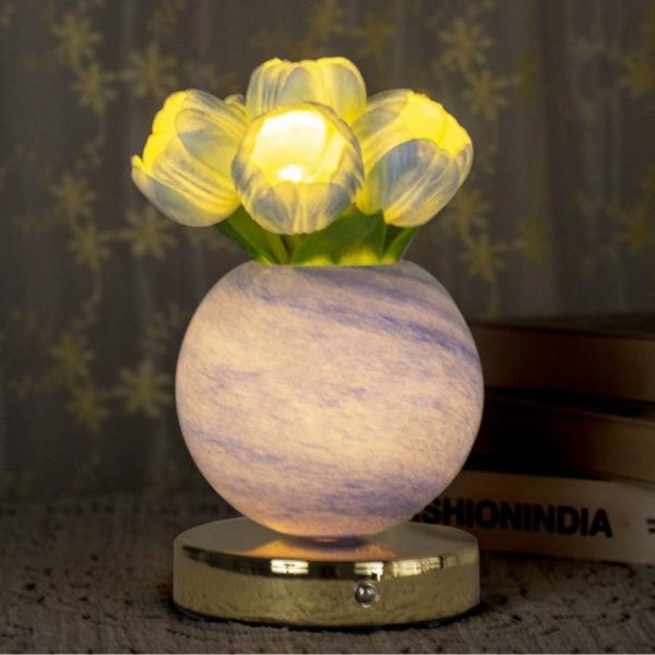 Đèn Bàn Hành Tinh Hoa Tulip 3 Chế Độ Sáng, Công Tắc Cảm Ứng, Cổng Sạc USB Hiện Đại