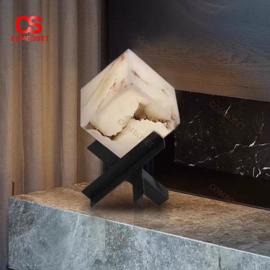 Đèn Bàn Hình Khối Vuông Đá Cẩm Thạch Tối Giản Decor Phòng Khách, Phòng Ngủ Ánh Sáng Ấm