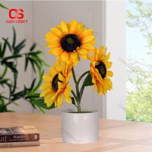 Đèn Bàn LED Hoa Hướng Dương Giả, Chậu Gốm Sứ, Công Tắc Cảm Ứng, Sạc USB Tiện Lợi Cho Phòng Ngủ