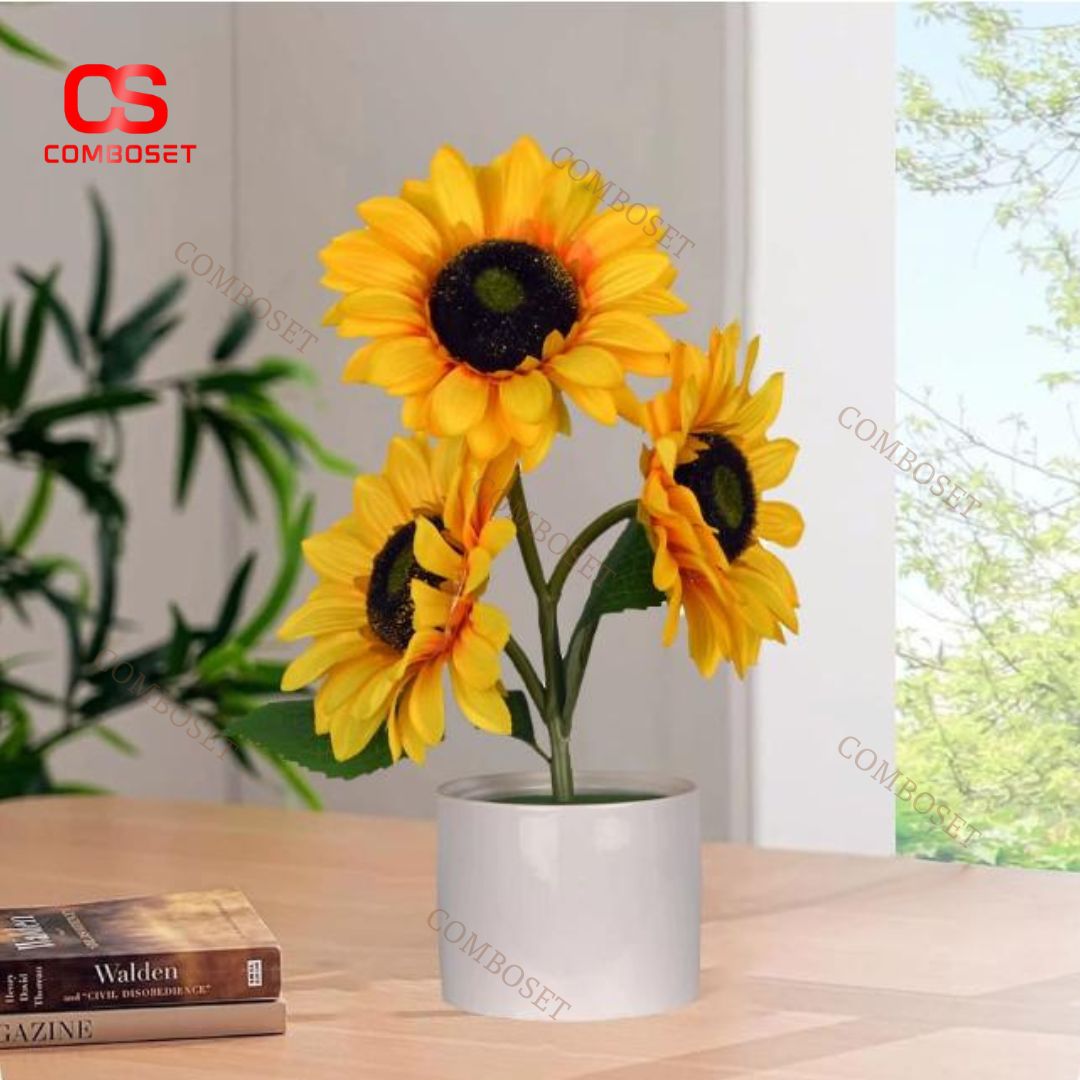 Đèn Bàn LED Hoa Hướng Dương Giả, Chậu Gốm Sứ, Công Tắc Cảm Ứng, Sạc USB Tiện Lợi Cho Phòng Ngủ
