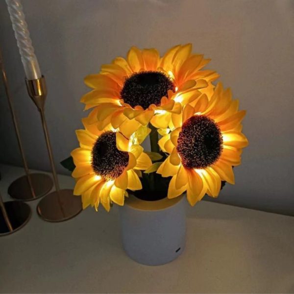 Đèn Bàn LED Hoa Hướng Dương Giả, Chậu Gốm Sứ, Công Tắc Cảm Ứng, Sạc USB Tiện Lợi Cho Phòng Ngủ