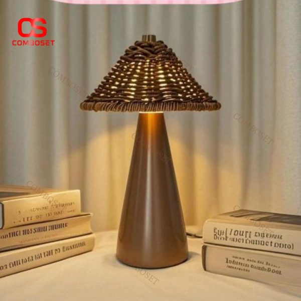 Đèn Bàn Nấm Mây Tre Đan Thủ Công, Tích Hợp Cổng Sạc Type C, Công Tắc Cảm Ứng 3 Chế Độ Sáng