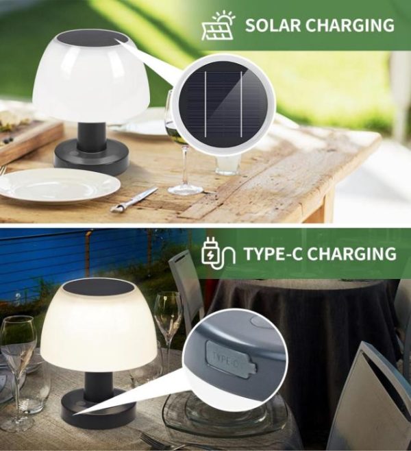 Đèn Bàn Nấm Trắng Nhỏ Xinh Năng Lượng Mặt Trời Chống Thấm Nước, Cổng Sạc Type C, Nhiều Chế Độ Sáng Decor Sân Vườn, Cắm Trại