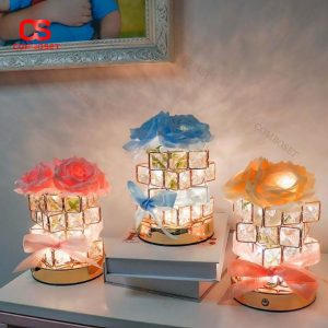 Đèn Bàn Pha Lê Bông Hoa Bằng Vải, 3 Chế Độ Sáng, Cổng Sạc USB, Làm Quà Tặng Sinh Nhật, Valentine