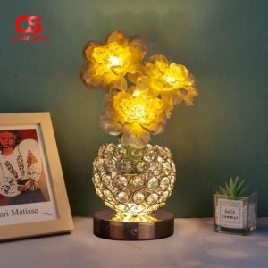 Đèn Bàn Pha Lê Hoa Mẫu Đơn Màu Vàng, Công Tắt Cảm Ứng 3 Chế Độ Sáng Decor Bàn Làm Việc