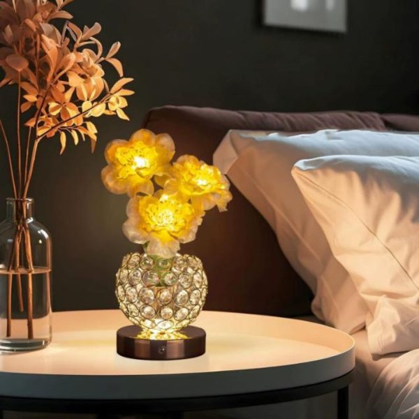 Đèn Bàn Pha Lê Hoa Mẫu Đơn Màu Vàng, Công Tắt Cảm Ứng 3 Chế Độ Sáng Decor Bàn Làm Việc