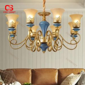 Đèn Chùm Gốm Xanh Sắt Rèn 6 Chao Thuỷ Tinh Cổ Điển Chiếu Sáng Không Gian Phòng Ngủ, Phòng Khách Quý Tộc