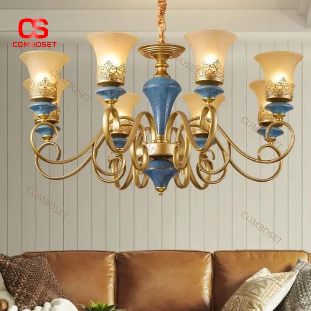 Đèn Chùm Gốm Xanh Sắt Rèn 6 Chao Thuỷ Tinh Cổ Điển Chiếu Sáng Không Gian Phòng Ngủ, Phòng Khách Quý Tộc