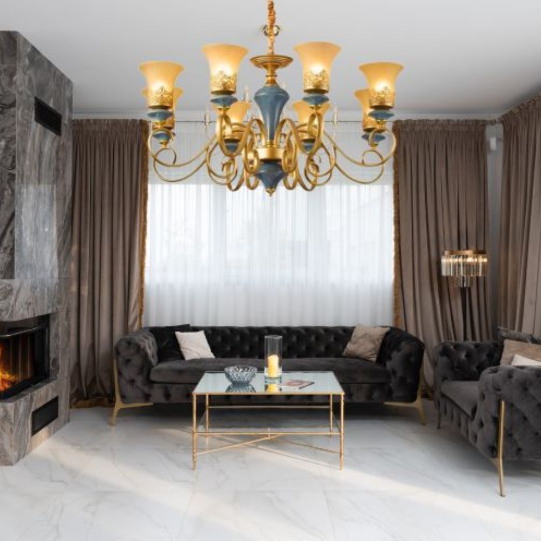 Đèn Chùm Gốm Xanh Sắt Rèn 6 Chao Thuỷ Tinh Cổ Điển Chiếu Sáng Không Gian Phòng Ngủ, Phòng Khách Quý Tộc