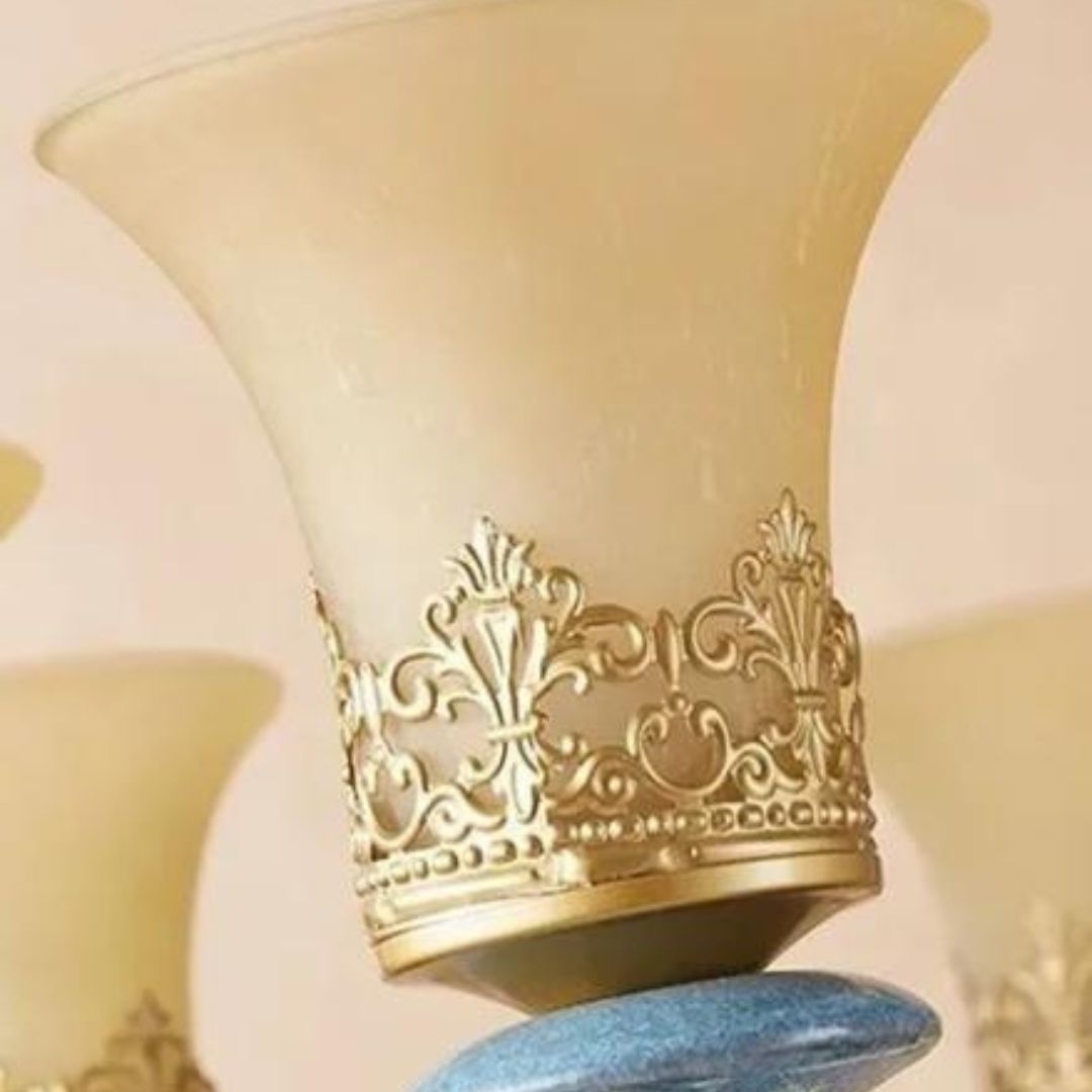 Đèn Chùm Gốm Xanh Sắt Rèn 6 Chao Thuỷ Tinh Cổ Điển Chiếu Sáng Không Gian Phòng Ngủ, Phòng Khách Quý Tộc