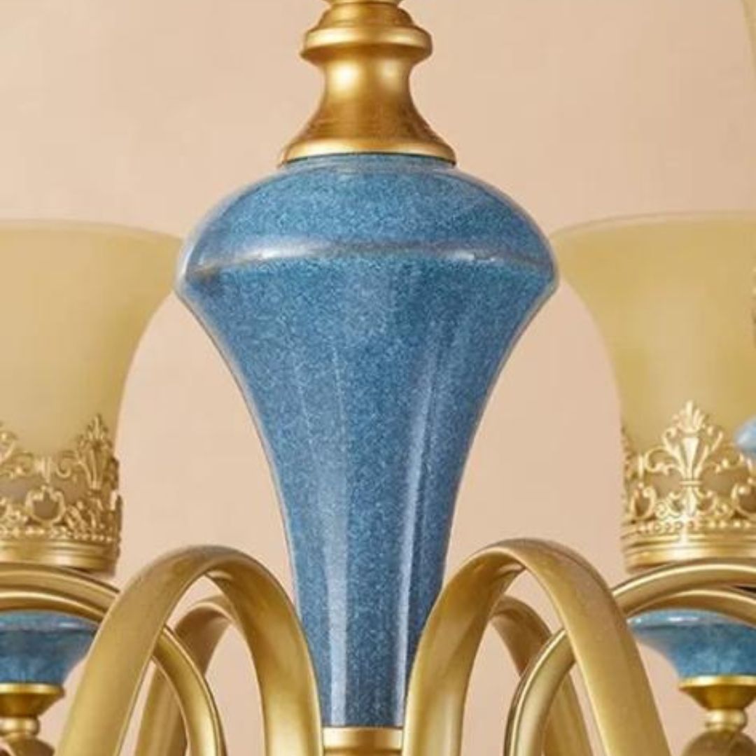 Đèn Chùm Gốm Xanh Sắt Rèn 6 Chao Thuỷ Tinh Cổ Điển Chiếu Sáng Không Gian Phòng Ngủ, Phòng Khách Quý Tộc