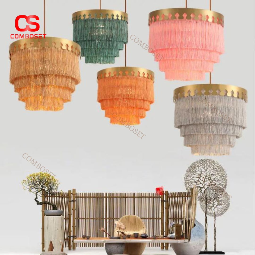 Đèn Chùm Kim Loại Tua Rua Vải Nhiều Màu Rực Rỡ Phòng Khách Phong Cách Địa Trung Hải