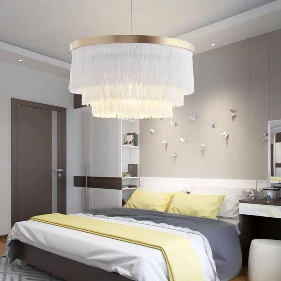 Đèn Chùm Kim Loại Tua Rua Vải Nhiều Màu Rực Rỡ Phòng Khách Phong Cách Địa Trung Hải