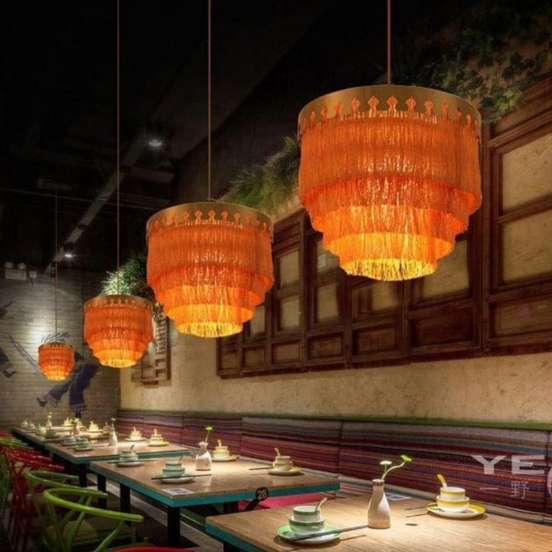 Đèn Chùm Kim Loại Tua Rua Vải Nhiều Màu Rực Rỡ Phòng Khách Phong Cách Địa Trung Hải