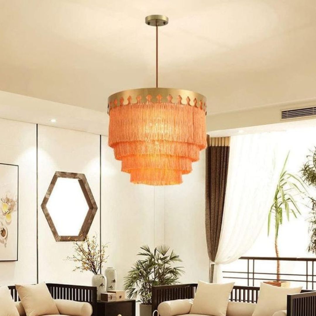 Đèn Chùm Kim Loại Tua Rua Vải Nhiều Màu Rực Rỡ Phòng Khách Phong Cách Địa Trung Hải