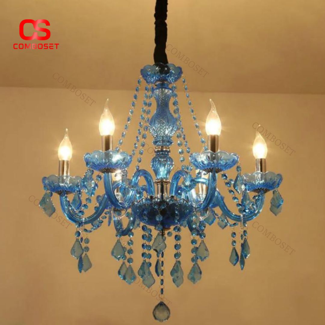 Đèn Chùm Pha Lê Xanh Biển Phong Cách Châu Âu, Decor Phòng Khách, Biệt Thự, Nhà Hàng Sang Chảnh