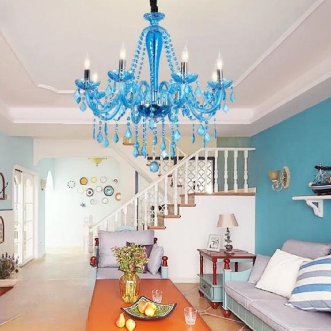 Đèn Chùm Pha Lê Xanh Biển Phong Cách Châu Âu, Decor Phòng Khách, Biệt Thự, Nhà Hàng Sang Chảnh