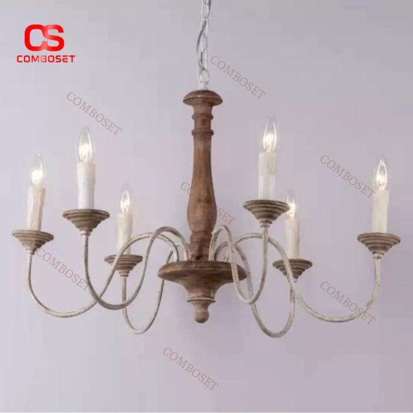Đèn Chùm Retro Chao Nến Thân Gỗ Cổ Điển Decor Nội Thất, Quán Cafe Phong Cách Vintage
