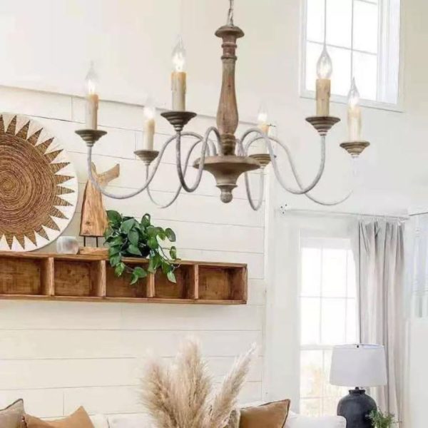 Đèn Chùm Retro Chao Nến Thân Gỗ Cổ Điển Decor Nội Thất, Quán Cafe Phong Cách Vintage