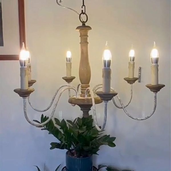Đèn Chùm Retro Chao Nến Thân Gỗ Cổ Điển Decor Nội Thất, Quán Cafe Phong Cách Vintage