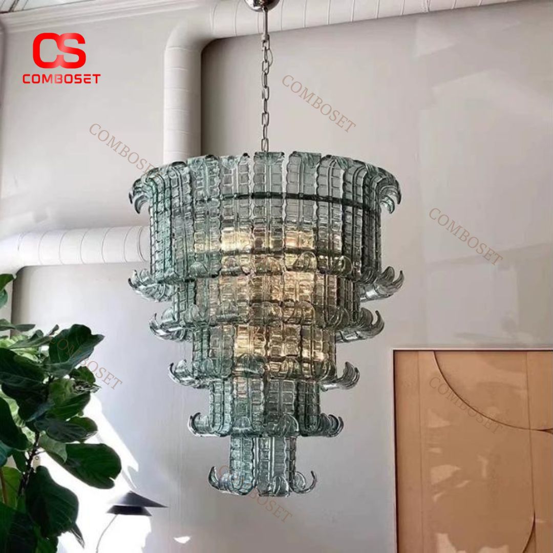 Đèn Chùm Thuỷ Tinh Trong Suốt Sang Trọng Phong Cách Châu Âu Decor Biệt Thự, Căn Hộ Trần Cao