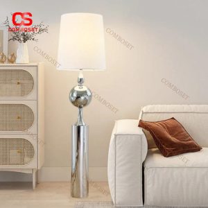 Đèn Sàn Kim Loại Mạ Nano Chụp Vải Kem Phong Cách Bauhaus Ánh Sáng Vàng Ấm Decor Gốc Nhà, Sofa