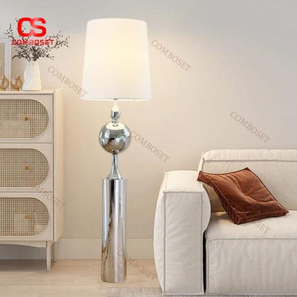 Đèn Sàn Kim Loại Mạ Nano Chụp Vải Kem Phong Cách Bauhaus Ánh Sáng Vàng Ấm Decor Gốc Nhà, Sofa