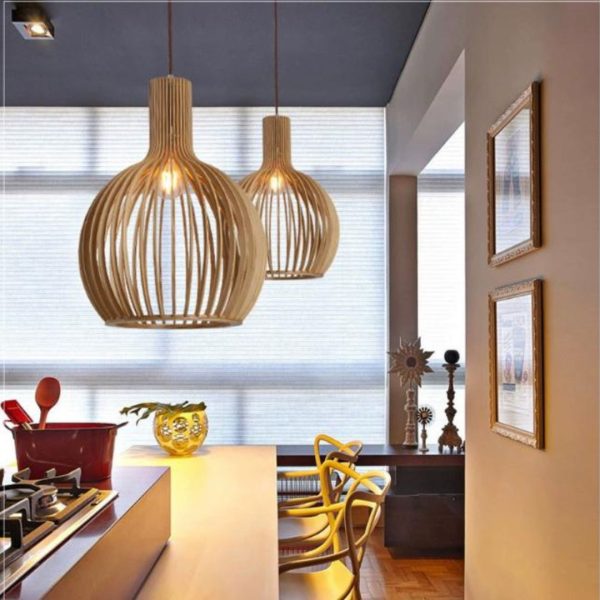 Đèn Thả Gỗ Hình Củ Tỏi Tối Giản, Ánh Sáng Vàng Decor Quán Ăn, Nhà Hàng Lẩu Nướng, Đảo Bếp