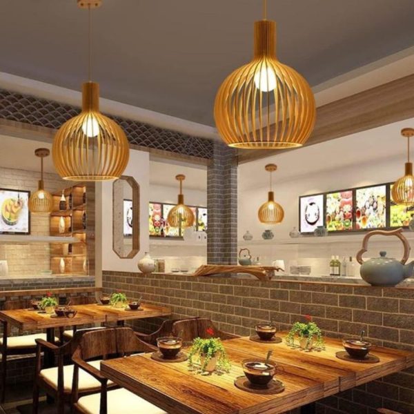 Đèn Thả Gỗ Hình Củ Tỏi Tối Giản, Ánh Sáng Vàng Decor Quán Ăn, Nhà Hàng Lẩu Nướng, Đảo Bếp