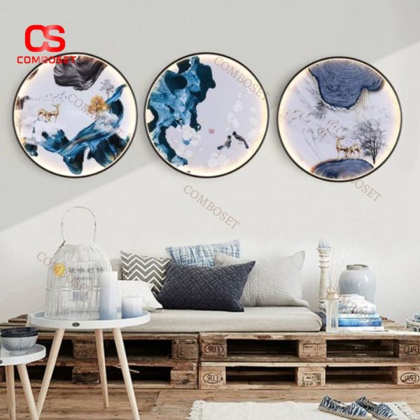 Đèn Tường Tranh Phong Cảnh Trung Quốc Hình Tròn Decor Lối Đi, Nhà Hàng, Khách Sạn Cổ Điển