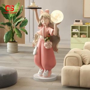 Tượng Decor Bé Gái Cầm Khay Trà & Đèn Trăng Phong Cách Dễ Thương Hàn Quốc Decor Phòng Khách