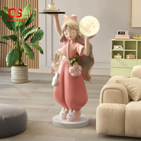 Tượng Decor Bé Gái Cầm Khay Trà & Đèn Trăng Phong Cách Dễ Thương Hàn Quốc Decor Phòng Khách