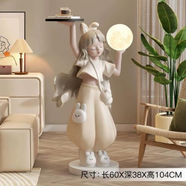 Tượng Decor Bé Gái Cầm Khay Trà & Đèn Trăng Phong Cách Dễ Thương Hàn Quốc Decor Phòng Khách