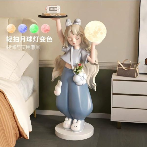 Tượng Decor Bé Gái Cầm Khay Trà & Đèn Trăng Phong Cách Dễ Thương Hàn Quốc Decor Phòng Khách