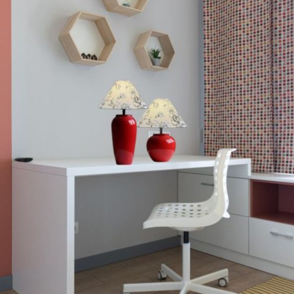 Đèn Bàn Gốm Đỏ, Chụp Vải Hoạ Tiết Hoa Cổ Điển Decor Khách Sạn, Phòng Ngủ Lãng Mạn