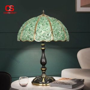 Đèn Bàn Pha Lê Khảm Vỏ Sò Lấp Lánh, Thân Đồng Vàng Sang Trọng, Quý Phái Decor Phòng Ngủ