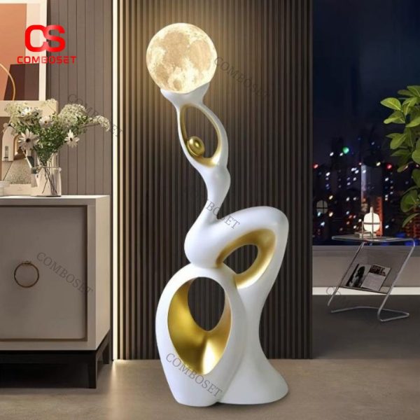 Đèn Sàn Hình Người Cầm Mặt Trăng Nghệ Thuật, Có 3 Chế Độ Sáng Decor Góc Sofa, Khách Sạn Thời Thượng