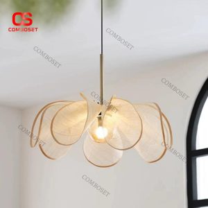 Đèn Thả Cánh Hoa Lưới Màu Trắng Be Phong Cách Wabi Sabi Tối Giản Chiếu Sáng Bàn Ăn, Phòng Trà