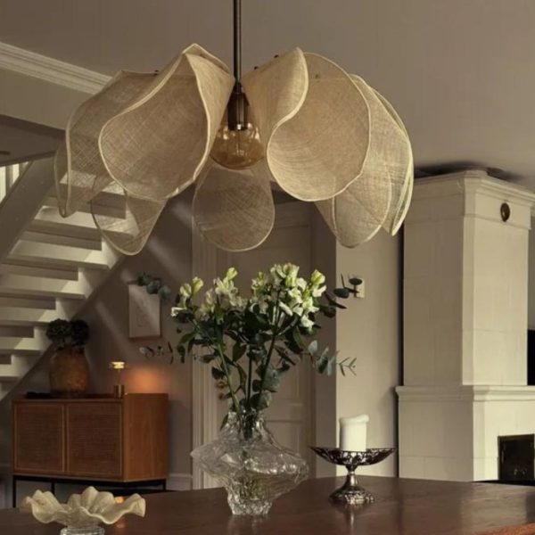 Đèn Thả Cánh Hoa Lưới Màu Trắng Be Phong Cách Wabi Sabi Tối Giản Chiếu Sáng Bàn Ăn, Phòng Trà