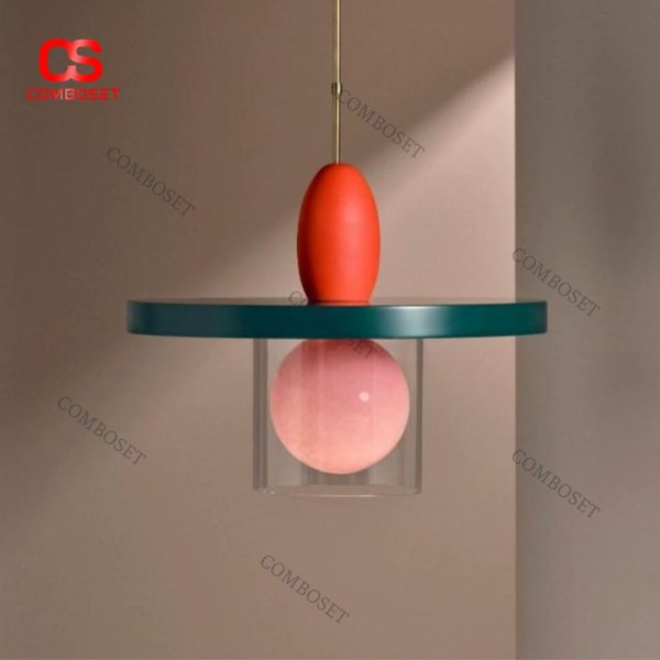 Đèn Thả Chao Trụ Thủy Tinh Phối Hợp Gốm Cam Và Gỗ Sơn Mài Màu Xanh Decor Phòng Ngủ