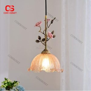 Đèn Thả Thủy Tinh Hoa Hồng Gốm Decor Phòng Ăn Phong Cách Châu Âu, Lãng Mạn Vintage