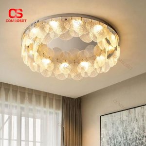 Đèn Trần Cao Cấp Kiểu Vảy Cá Chao Kính Tròn, Đế Thép Không Gỉ, 3 Chế Độ Sáng Cho Phòng Ngủ Sang Trọng