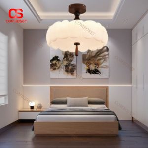 Đèn Trần Chao Nhựa PE Thân Sắt Sơn Vân Gỗ, Chuôi Gỗ Tự Nhiên 3 Chế Độ Sáng Cho Phòng Ngủ