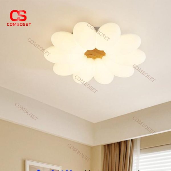 Đèn Trần Hình Bông Cúc Tròn Chao Nhựa Tán Quang, Đế Gỗ Tự Nhiên Ấm Áp Cho Phòng Ngủ