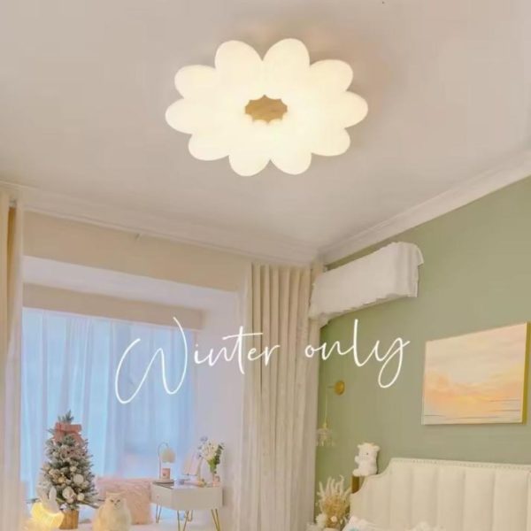 Đèn Trần Hình Bông Cúc Tròn Chao Nhựa Tán Quang, Đế Gỗ Tự Nhiên Ấm Áp Cho Phòng Ngủ