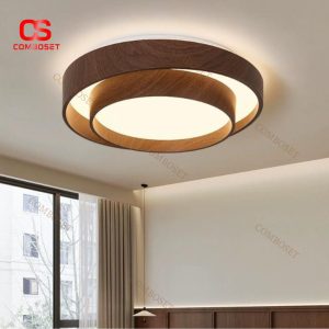 Đèn Trần Tròn Viền Sắt Vân Gỗ Màu Nâu Óc Chó, 3 Chế Độ Sáng Phong Cách Trung Quốc