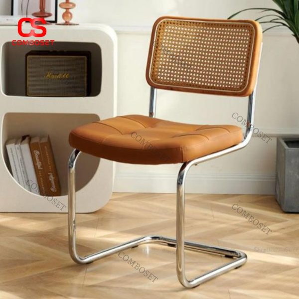 Ghế Ăn Khung Thép Mạ Chrome Nệm Da Tựa Mây Retro Decor Bàn Ăn, Bàn Làm Việc