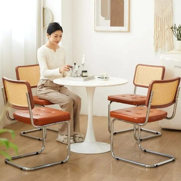 Ghế Ăn Khung Thép Mạ Chrome Nệm Da Tựa Mây Retro Decor Bàn Ăn, Bàn Làm Việc
