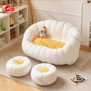 Ghế Sofa Lười Kèm Đôn Hình Hoa Vải Nhung Bông Mềm Mại Trang Trí Góc Phòng Cho Phòng Ngủ, Phòng Khách