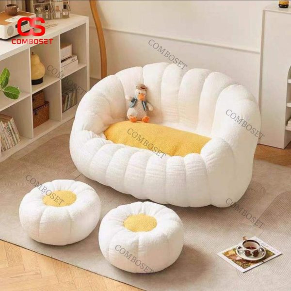 Ghế Sofa Lười Kèm Đôn Hình Hoa Vải Nhung Bông Mềm Mại Trang Trí Góc Phòng Cho Phòng Ngủ, Phòng Khách